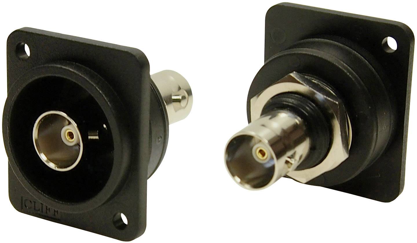 Two BNC connector plugs on black mounting plates, shown from the side. Connectors for transmission of video or audio signals.