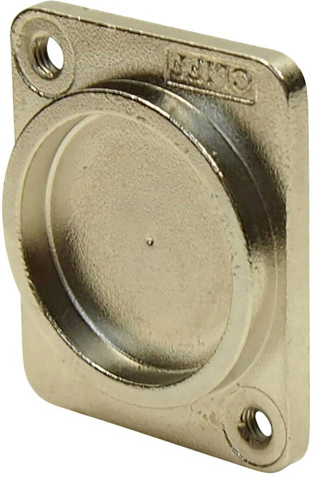 Square metal plate with a circular recess and two screw holes in the corners.
