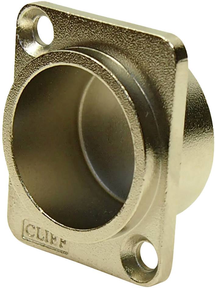 'Metal sleeve with rectangular flange, two mounting holes and the inscription CLiFF, possibly suitable for audio cable connection.'