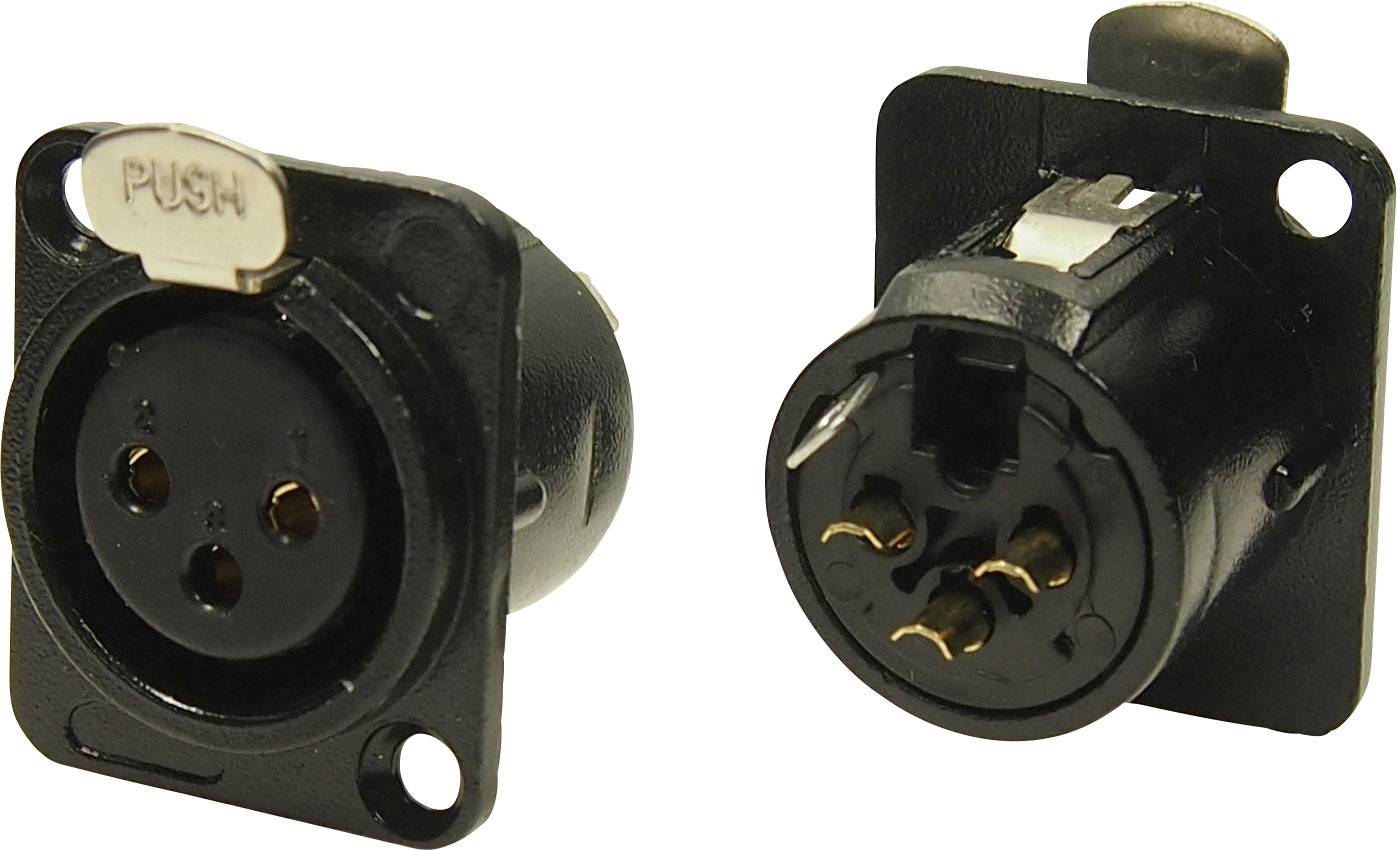 Two black XLR plugs, one viewed from the front and one from the back, show the three connection pins and housing design.