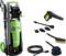 Green pressure washer with accessories: hose, brushes and nozzle attachments. Suitable for cleaning surfaces.