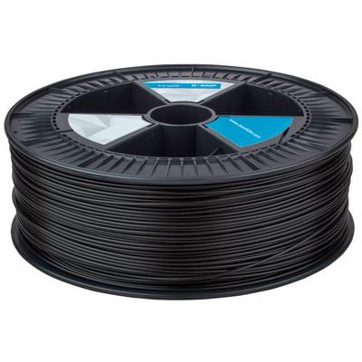 A reel of black 3D printing filament with labels displaying information about the material and brand.
