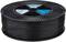 A black spool of 3D printer filament, tightly wound. A label in the centre shows product information.