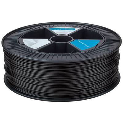 Black spool of 3D printer filament, with branded label. Ideal for precise 3D printing. Rectangular shield in blue and white.