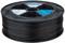 Black spool of 3D printer filament, with branded label. Ideal for precise 3D printing. Rectangular shield in blue and white.