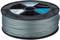 Grey filament spool, used for 3D printing, close-up. Plastic material wound on a spool, with brand stickers.