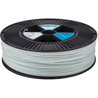 Plastic spool with light grey 3D printer filament, wound on a black base.