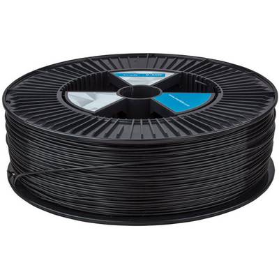 A black reel of 3D printer filament, wound on a spool.