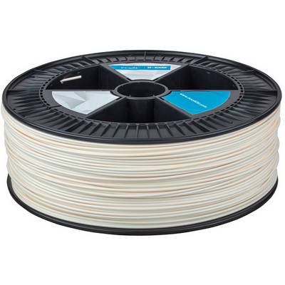 Spool of white 3D printing filament, label with illegible text, background invisible, focus on filament reel.