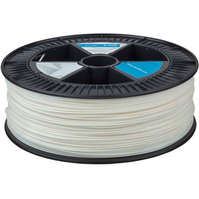 Spool of 3D printer filament made of plastic, light-coloured material on a black spool, for use in 3D printing.