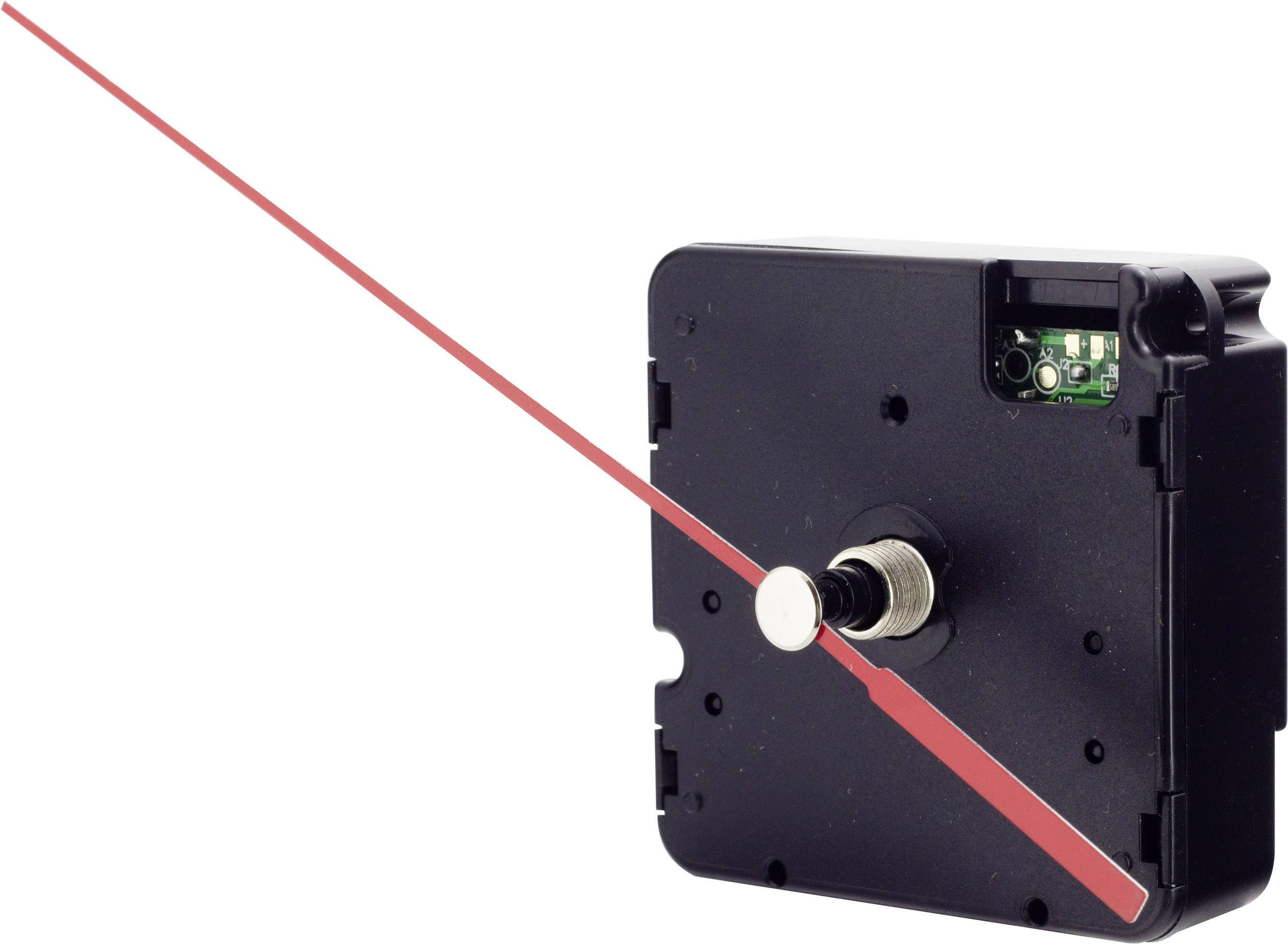 Black quartz movement with visible metal pin in the centre and red-highlighted hand.
