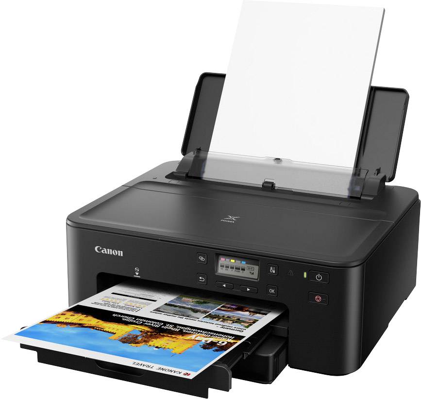 Black printer with paper in the output tray; printing a colourful image of a landscape.