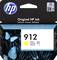 A HP printer cartridge pack with the number 912, contains yellow ink. Blue butterflies are depicted on the packaging.