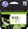 The image shows an HP 912XL Yellow printer cartridge in its packaging, with a butterfly on a green leaf in the background.