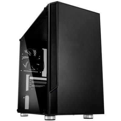 Black computer case with side viewing window reveals the internal hardware.