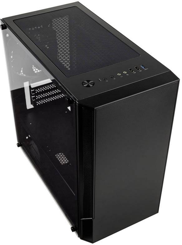 A black computer case with a side viewing window and top-mounted ports. It is empty and ready for component installation.