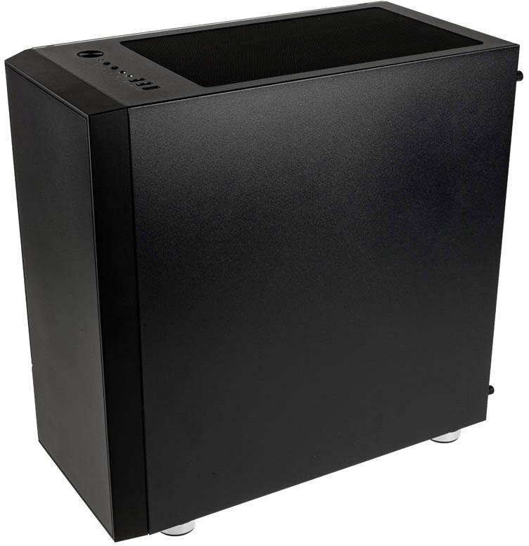 Black computer case with minimalist design, vertical view. Connections and controls are visible from the top.