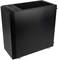 Black computer case with minimalist design, vertical view. Connections and controls are visible from the top.