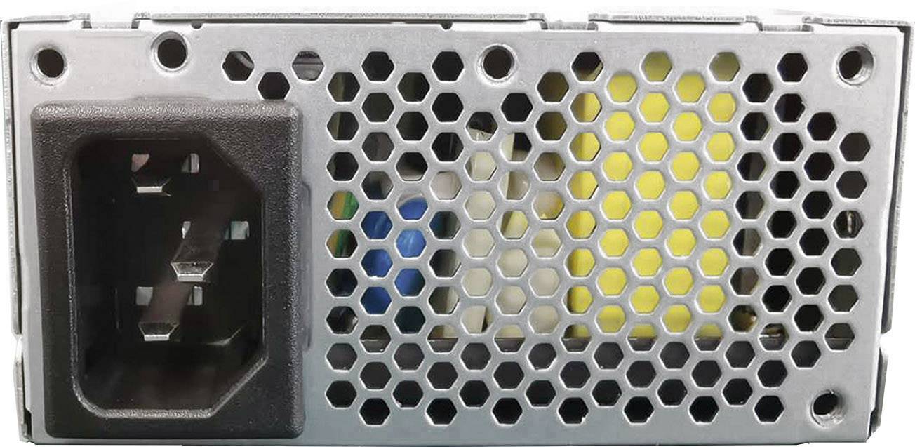 Back of power supply with ventilation grille and power connection, internal components visible through the honeycomb mesh.