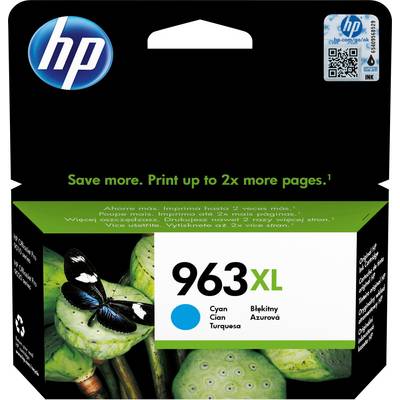 HP 963XL Cyan Cartridge. The packaging features a butterfly and lotus leaves. Text: 'Save more. Print up to 2x more pages.'<br><br>Note: This translation is already in British English, so very little change was needed beyond the slight formatting adjustment.