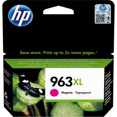 'HP 963XL Magenta Ink Cartridge. Saves up to 2x more pages. Packaging features a butterfly on green leaves.'