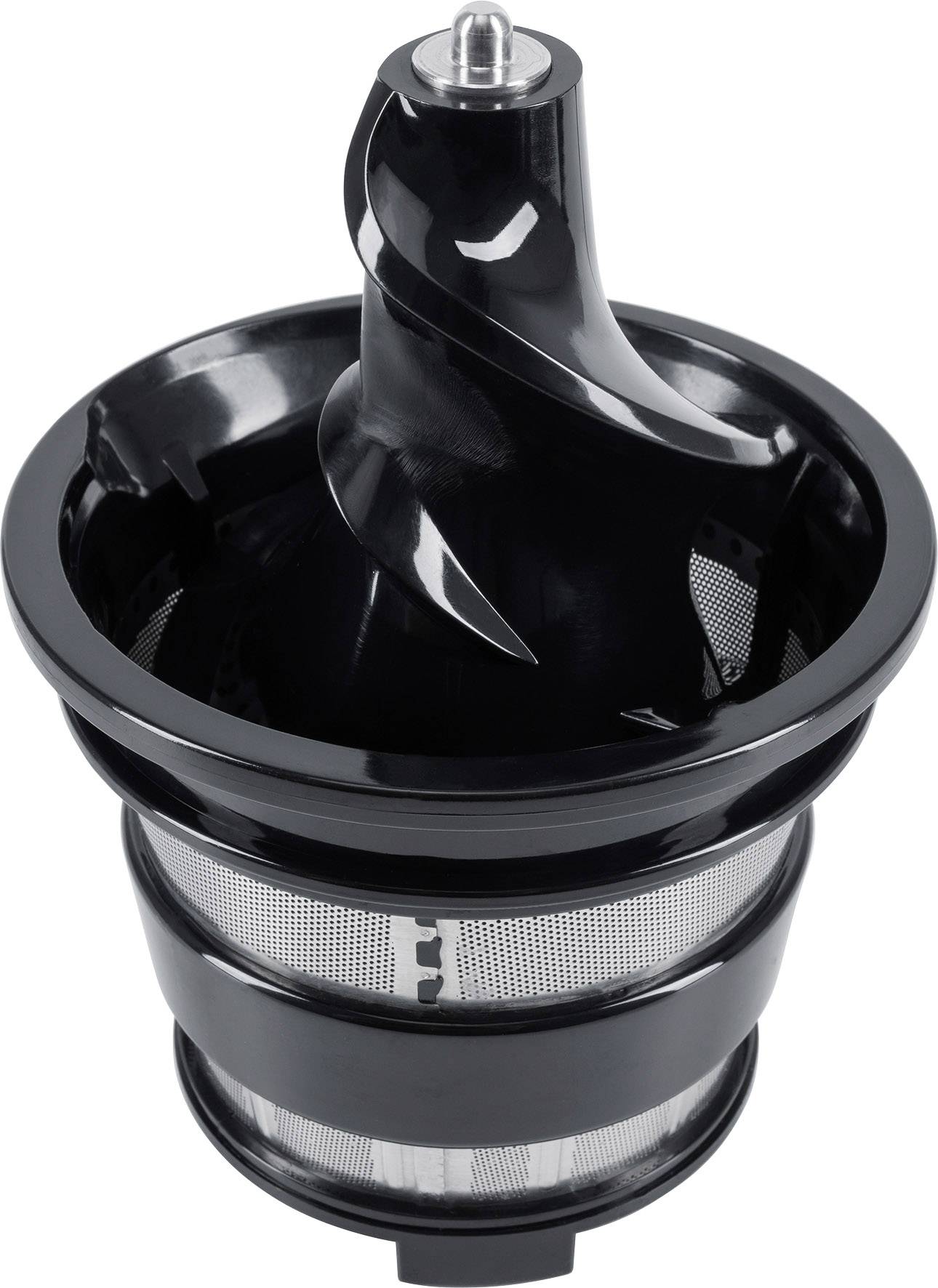 A black juicer attachment with a screw-shaped filter insert used for juice extraction in kitchen appliances.