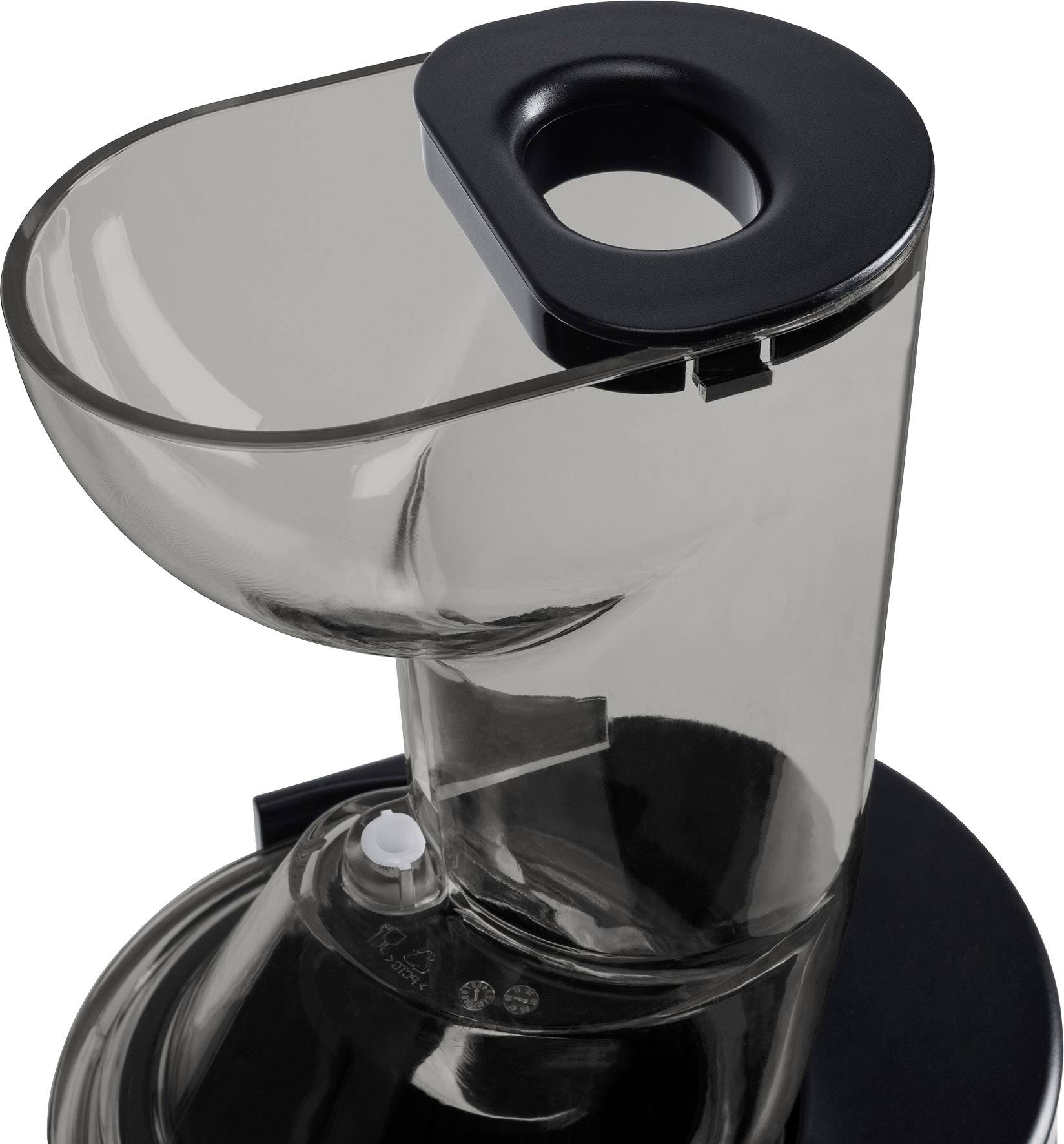 A funnel-shaped plastic filling spout with a black cover, presumably part of a kitchen appliance or juicer.