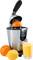 Stainless Steel Electric Citrus Press with Lever Handle. A halved orange is being juiced; fresh orange juice sits in a glass beside it.