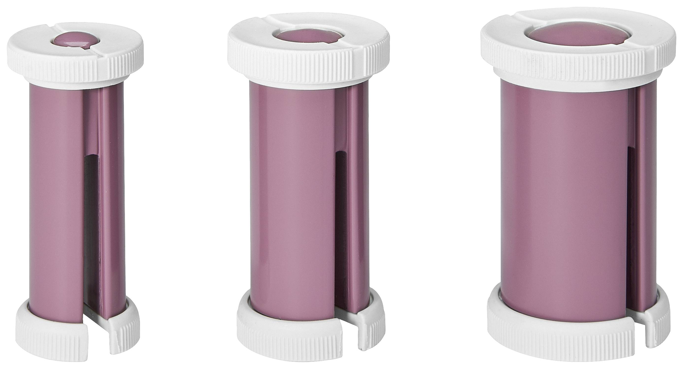 Three cylindrical containers of varying sizes with pink central sections and white caps, arranged side by side.