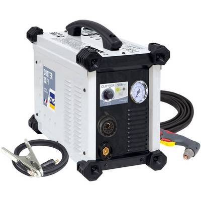 Plasma cutter with handgrip, pressure gauge and connection cable; used for cutting metal with a precise plasma arc.