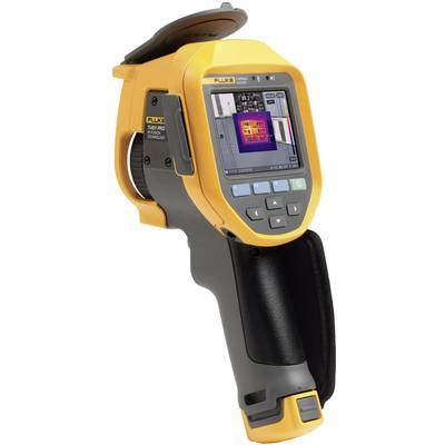 A yellow infrared thermometer displays a thermal image on its screen. The device has control buttons located beneath the display.