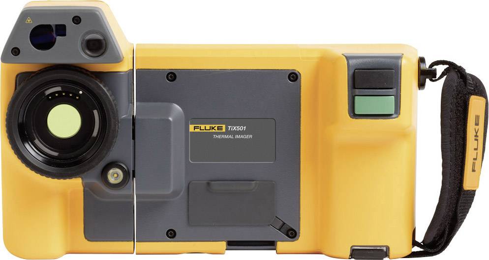 A yellow and grey thermal imaging device with display and control elements, for thermal analysis, brand name on the right side of the hand strap.