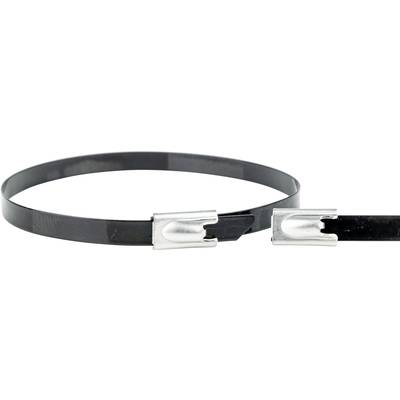 A black metal cable tie is bent and closed. Beside it lies another piece in an open position.