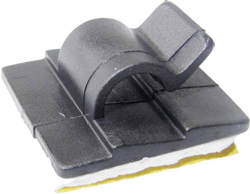 A black plastic cable clip with an adhesive surface for securing cables to walls or surfaces.
