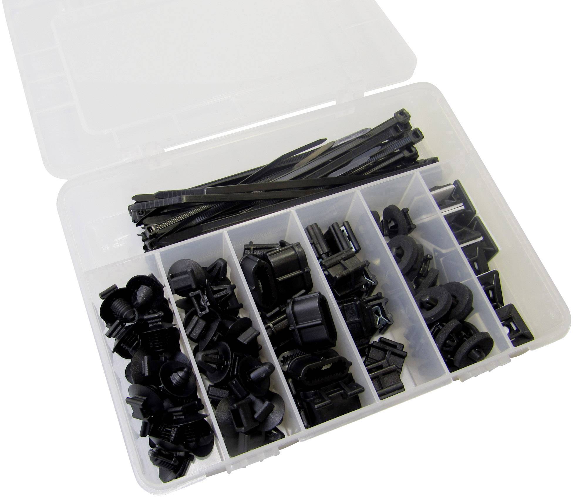 Transparent box with compartments, filled with black cable clips and cable ties.