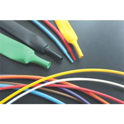 Multicoloured electrical cables and heat-shrink tubing on a black background. The cables are arranged in various colours.
