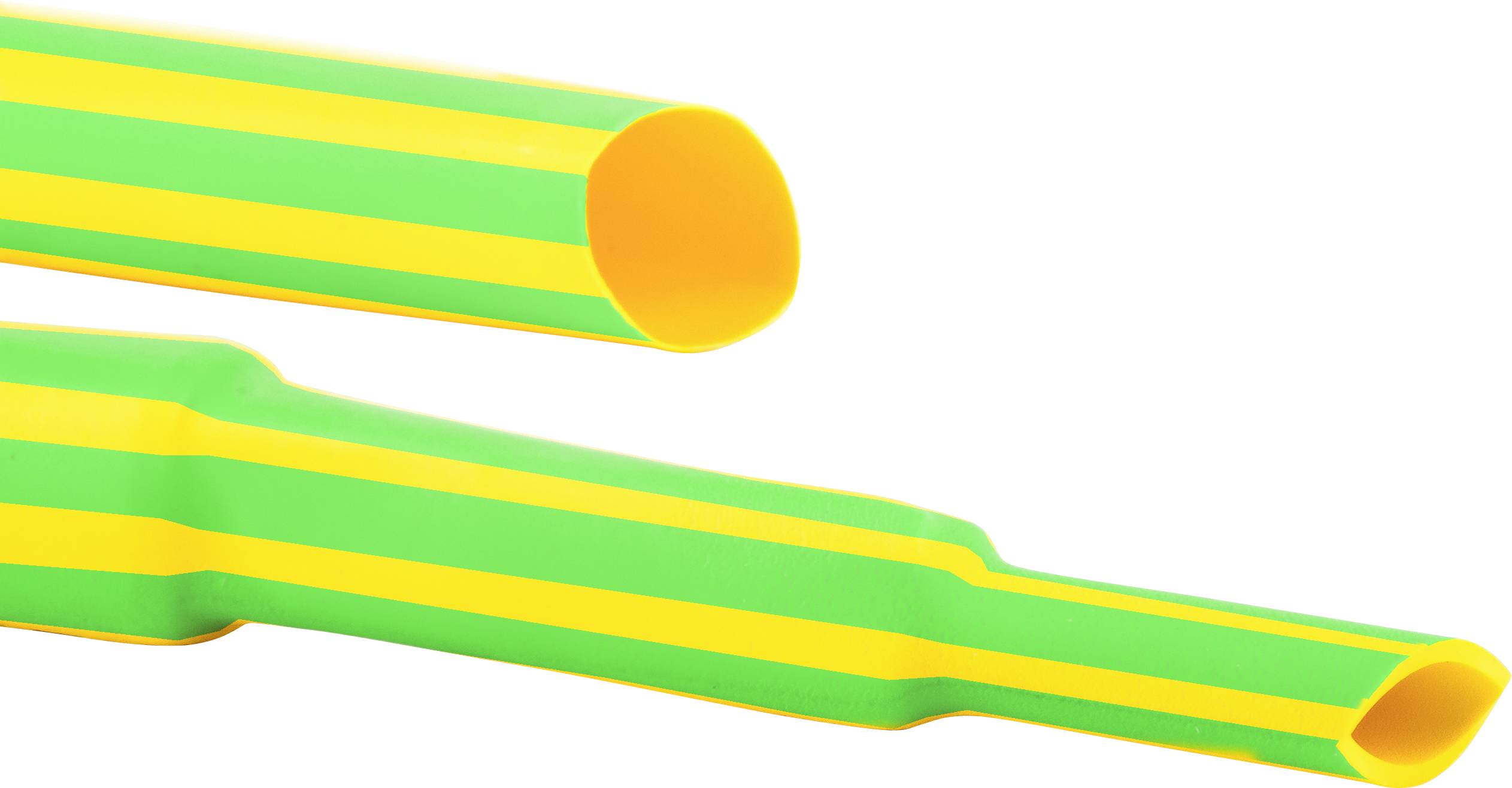 Colourful plastic tubes with yellow and green stripes, one thick and one thinner, lying side by side.