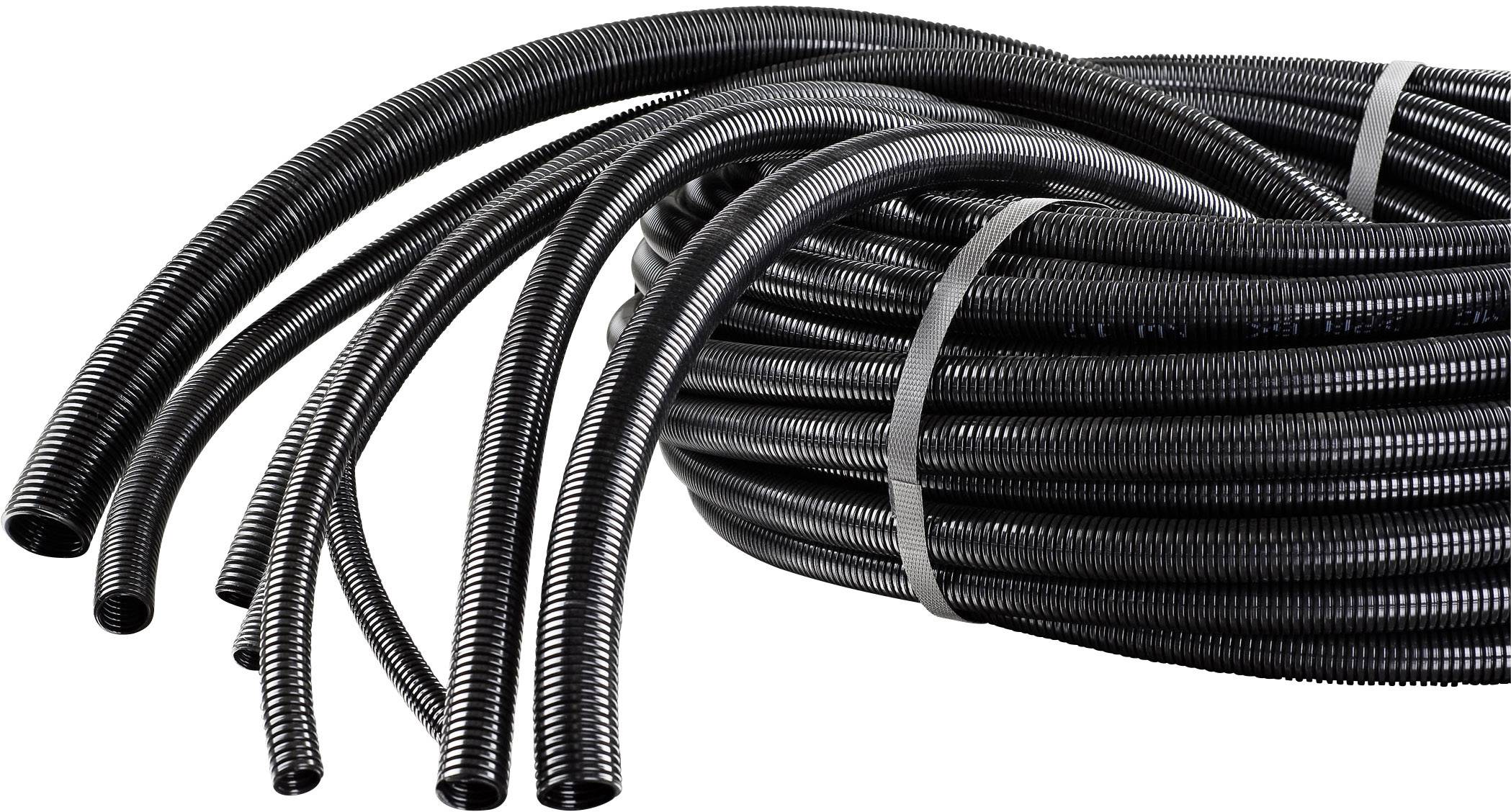 A bundle of flexible black corrugated plastic conduits, partially coiled, for use in electrical installation or cable protection.