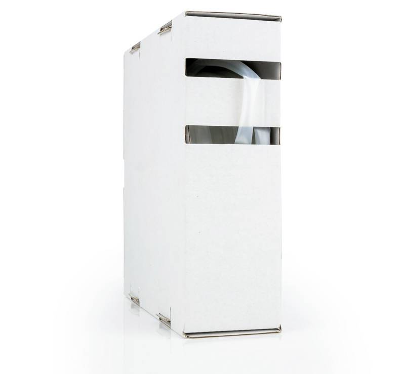 A white cardboard box with two narrow slits on one side. A cable or tube is partially visible emerging from one of the slits.