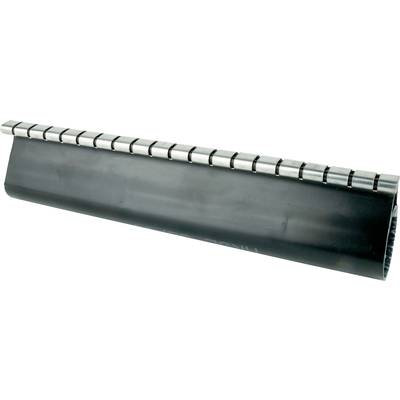 A silver to black, rectangular metal object with rounded edges and a serrated top edge, likely a scraping device.