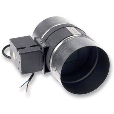 A rectangular metal damper with a connected electrical actuator for controlling airflow in a ventilation system.