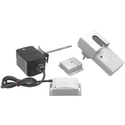Three electronic components: A sensor with rod and cable, a small rectangular switch, and a larger rectangular sensor.