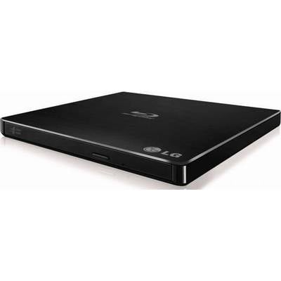 External LG Blu-ray writer in a black casing, sleek design with disc tray opening on the front side.