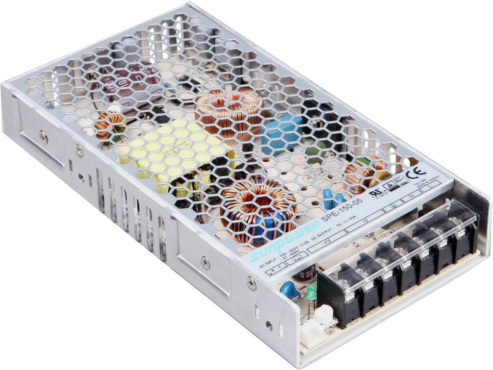 Power supply unit with a metallic protective grid and coloured electrical components. Suitable for industrial applications.