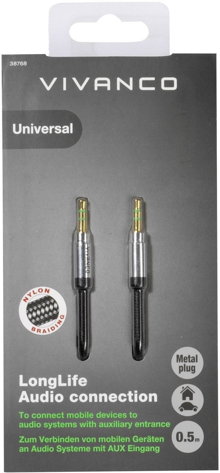 Packaging of a 0.5 m long AUX cable by Vivanco with metal plugs and nylon sheathing, labelled as 'Universal' and 'LongLife Audio connection'.