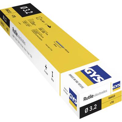 Box of GYS rutile electrodes, size Ø 3.2, model E6013, shown in yellow, white, and black packaging.<br>