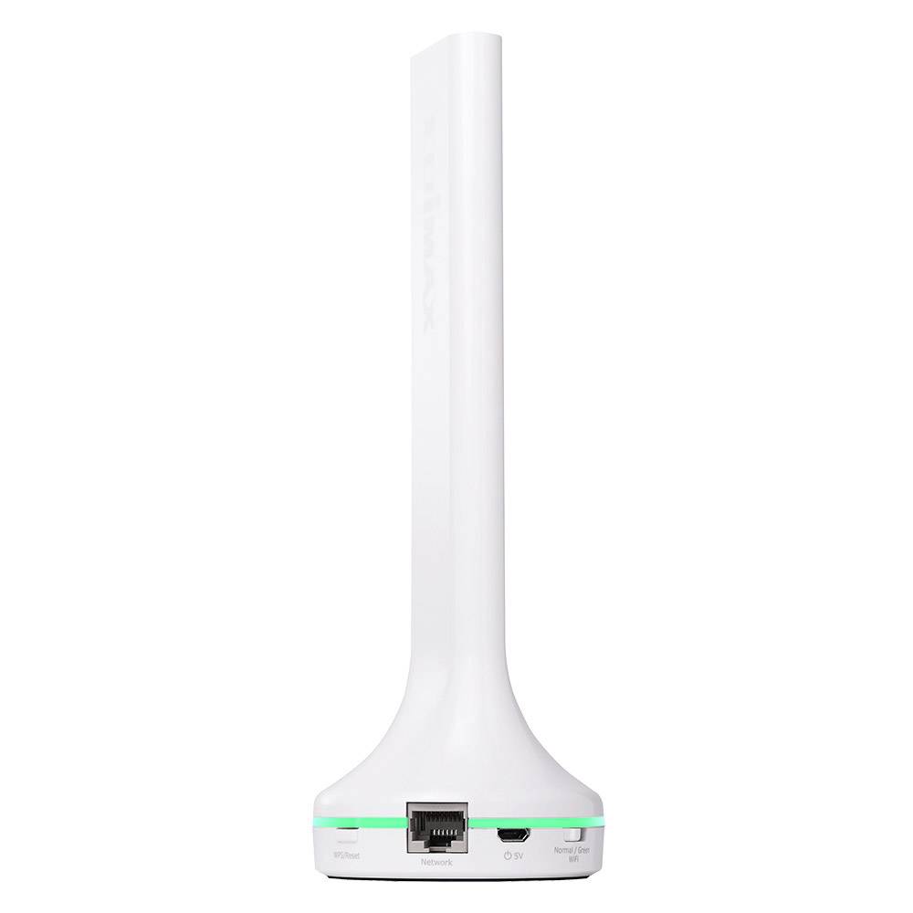 White vertical WiFi antenna with Ethernet port, power connection and button on the back.