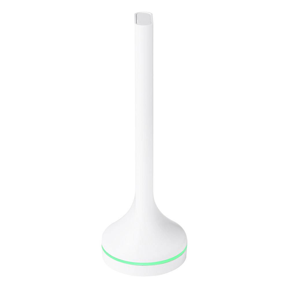 White, slender vase with a round base and a green illuminated ring at the bottom. Device resembles modern design.