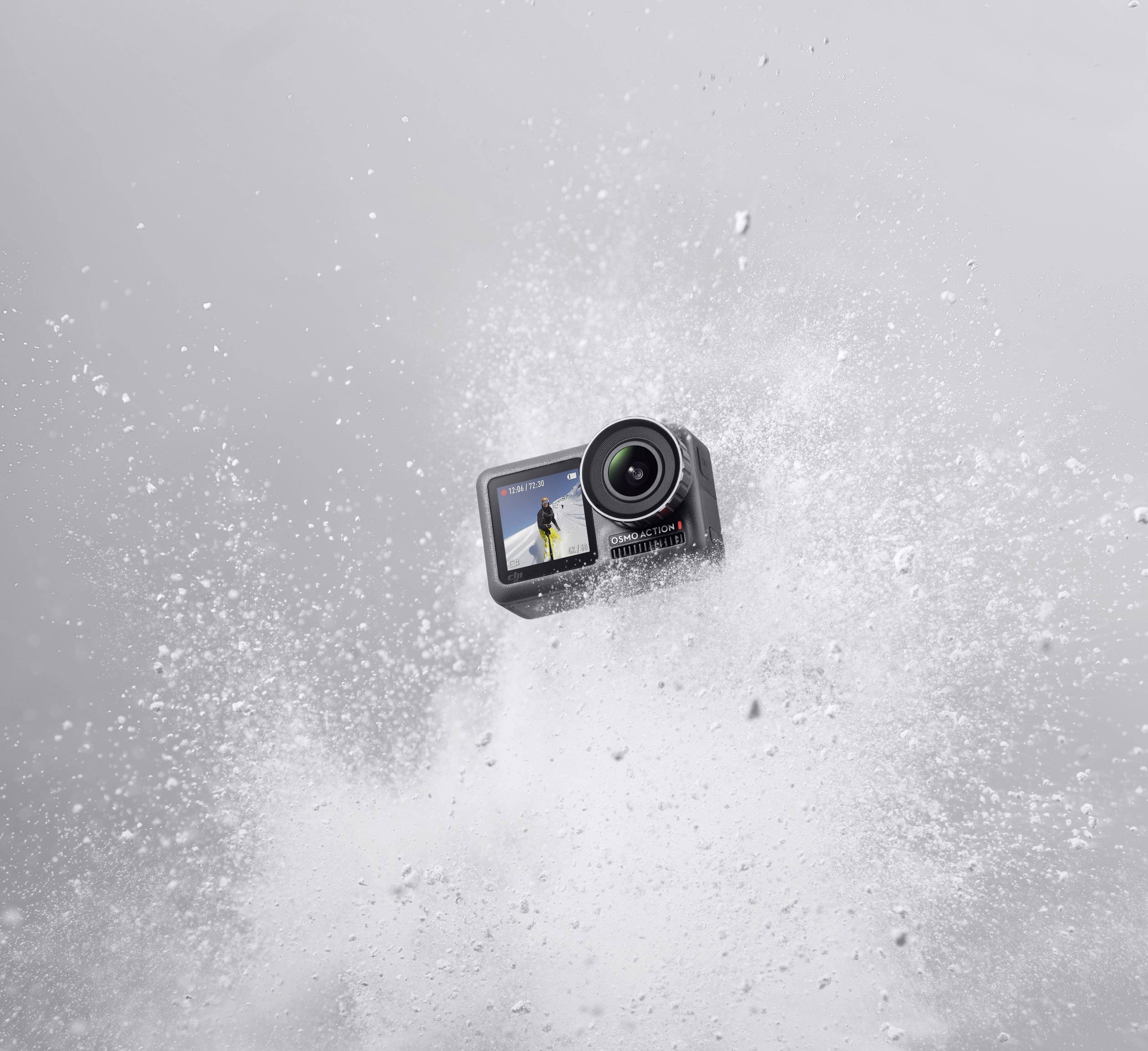 An action camera is shown in a water explosion, highlighting its waterproofing and robustness.