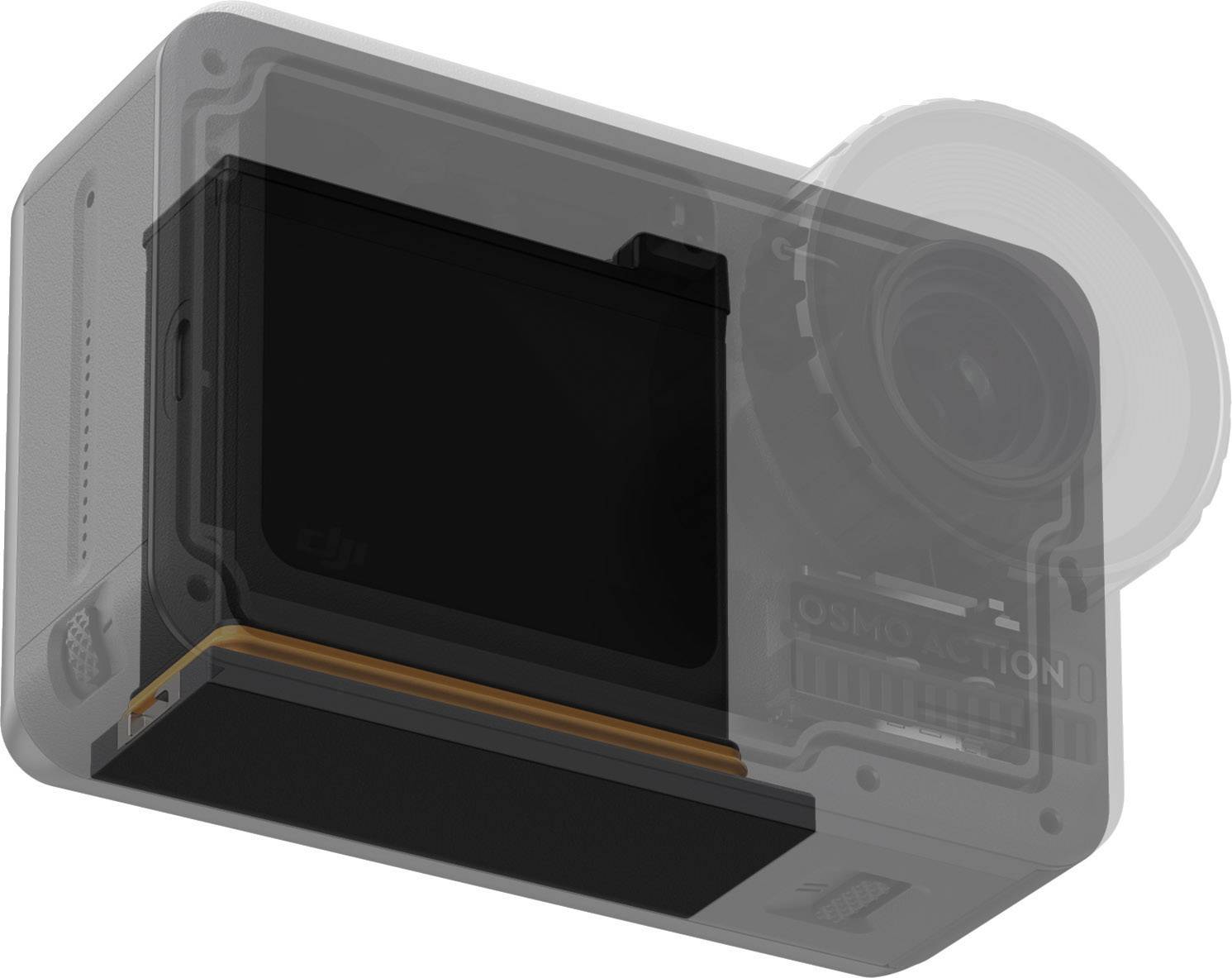 Transparent illustration of an action camera and battery, focusing on the battery exchange mechanism.